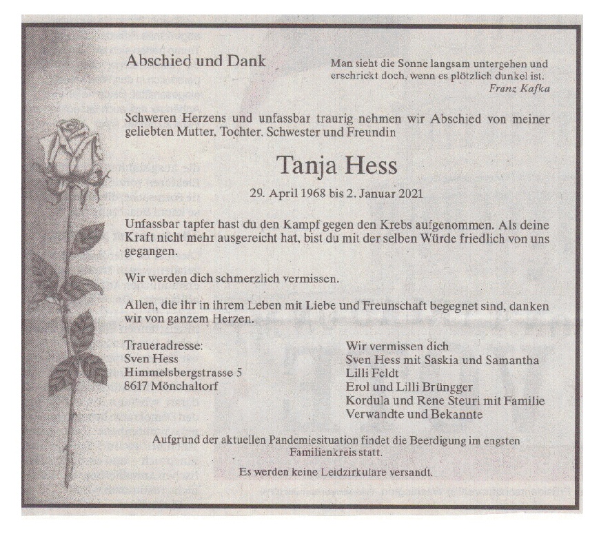 Todesanzeige Tanja Hess 20210102